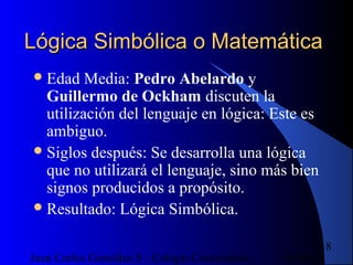 16/07/14Juan Carlos González S - Colegio Corazonista
18
Lógica Simbólica o MatemáticaLógica Simbólica o Matemática
Edad Media: Pedro Abelardo y
Guillermo de Ockham discuten la
utilización del lenguaje en lógica: Este es
ambiguo.
Siglos después: Se desarrolla una lógica
que no utilizará el lenguaje, sino más bien
signos producidos a propósito.
Resultado: Lógica Simbólica.
 