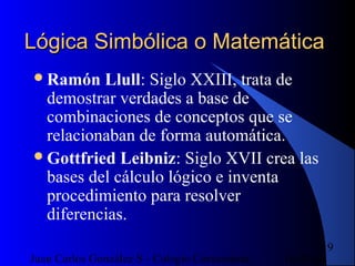 16/07/14Juan Carlos González S - Colegio Corazonista
19
Lógica Simbólica o MatemáticaLógica Simbólica o Matemática
Ramón Llull: Siglo XXIII, trata de
demostrar verdades a base de
combinaciones de conceptos que se
relacionaban de forma automática.
Gottfried Leibniz: Siglo XVII crea las
bases del cálculo lógico e inventa
procedimiento para resolver
diferencias.
 