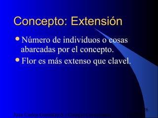 16/07/14Juan Carlos González S - Colegio Corazonista
26
Concepto: ExtensiónConcepto: Extensión
Número de individuos o cosas
abarcadas por el concepto.
Flor es más extenso que clavel.
 