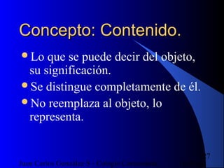 16/07/14Juan Carlos González S - Colegio Corazonista
27
Concepto: Contenido.Concepto: Contenido.
Lo que se puede decir del objeto,
su significación.
Se distingue completamente de él.
No reemplaza al objeto, lo
representa.
 