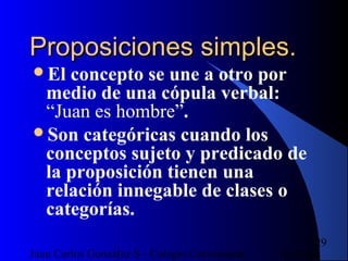 16/07/14Juan Carlos González S - Colegio Corazonista
29
Proposiciones simples.Proposiciones simples.
El concepto se une a otro por
medio de una cópula verbal:
“Juan es hombre”.
Son categóricas cuando los
conceptos sujeto y predicado de
la proposición tienen una
relación innegable de clases o
categorías.
 