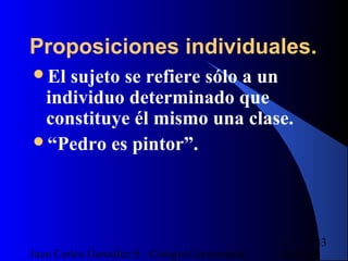 16/07/14Juan Carlos González S - Colegio Corazonista
33
Proposiciones individuales.
El sujeto se refiere sólo a un
individuo determinado que
constituye él mismo una clase.
“Pedro es pintor”.
 