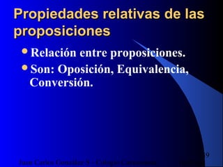 16/07/14Juan Carlos González S - Colegio Corazonista
39
Propiedades relativas de lasPropiedades relativas de las
proposicionesproposiciones
Relación entre proposiciones.
Son: Oposición, Equivalencia,
Conversión.
 