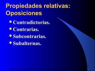 16/07/14Juan Carlos González S - Colegio Corazonista
41
Propiedades relativas:Propiedades relativas:
OposicionesOposiciones
Contradictorias.
Contrarias.
Subcontrarias.
Subalternas.
 