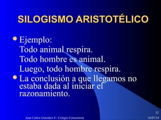 16/07/14Juan Carlos González S - Colegio Corazonista
52
SILOGISMO ARISTOTÉLICOSILOGISMO ARISTOTÉLICO
Ejemplo:
Todo animal respira.
Todo hombre es animal.
Luego, todo hombre respira.
La conclusión a que llegamos no
estaba dada al iniciar el
razonamiento.
 
