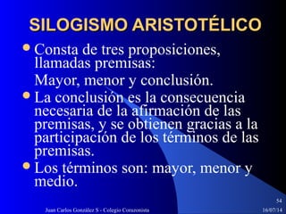 16/07/14Juan Carlos González S - Colegio Corazonista
54
SILOGISMO ARISTOTÉLICOSILOGISMO ARISTOTÉLICO
Consta de tres proposiciones,
llamadas premisas:
Mayor, menor y conclusión.
La conclusión es la consecuencia
necesaria de la afirmación de las
premisas, y se obtienen gracias a la
participación de los términos de las
premisas.
Los términos son: mayor, menor y
medio.
 