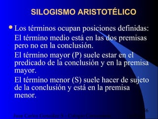 16/07/14Juan Carlos González S - Colegio Corazonista
56
SILOGISMO ARISTOTÉLICO
Los términos ocupan posiciones definidas:
El término medio está en las dos premisas
pero no en la conclusión.
El término mayor (P) suele estar en el
predicado de la conclusión y en la premisa
mayor.
El término menor (S) suele hacer de sujeto
de la conclusión y está en la premisa
menor.
 