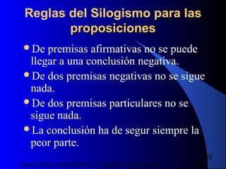 16/07/14Juan Carlos González S - Colegio Corazonista
69
Reglas del Silogismo para lasara las
proposicionesproposiciones
De premisas afirmativas no se puede
llegar a una conclusión negativa.
De dos premisas negativas no se sigue
nada.
De dos premisas particulares no se
sigue nada.
La conclusión ha de segur siempre la
peor parte.
 