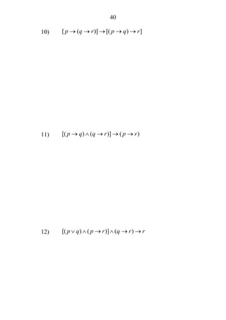 40
10) [ ( )] [( ) ]p q r p q r→ → → → →
11) [( ) ( )] ( )p q q r p r→ ∧ → → →
12) [( ) ( )] ( )p q p r q r r∨ ∧ → ∧ → →
 