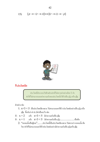 42
15) [ ( )] [( ) ]p r s r s p→ → ↔ → →∼ ∼
5.ประโยคเปด
ประโยคที่ประกอบไปดวยตัวแปรที่ไมทราบคาอยางนอย 1 ตัว
ทําใหไมสามารถบอกคาความจริงของประโยคนั้นไดวาเปน จริง หรือ เท็จ
ตัวอยาง เชน
1. x+3 < 5 เปนประโยคเปด เพราะ ไมสามารถบอกไดวา ประโยคดังกลาวเปน จริง หรือ
เท็จ ขึ้นกับวา คา x มีคาเปนอะไร เชน
ถา x = 2 แลว x+3 < 5 มีคาความจริงเปน เท็จ
ถา x = 1 แลว x+3 < 5 มีคาความจริงเปน จริง …………… เปนตน
2. “เขาคนนั้นเปนผูชาย”……ประโยคนี้เปนประโยคเปด เพราะ ไมทราบวา เขาคนนั้น คือ
ใคร ทําใหไมสามารถบอกไดวาประโยคดังกลาวมีคาความจริงเปน จริงหรือ เท็จ
 