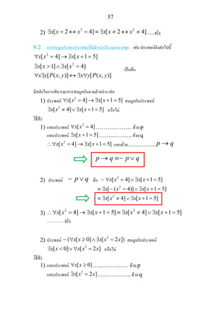 57
2)
2 2
[ 2 4] [ 2 4]x x x x x x∃ = ↔ = ≡ ∃ ≠ ↔ ≠ ….จริง
9.2 การสมมูลกันของประพจนที่มีตัวบงปริมาณหลายชุด เชน ประพจนดังตอไปนี้
2
2
[ 4] [ 1 5]
[ 1] [ 4]
[ ( , )] [ ( , )]
x x x x
x x x x
x y P x y x y P x y
∀ = → ∃ + =
∃ > ∧ ∃ =
∀ ∃ ↔ ∃ ∀
เปนตน
มีหลักในการพิจารณาการสมมูลกันตามตัวอยาง เชน
1) ประพจน
2
[ 4] [ 1 5]x x x x∀ = → ∃ + = สมมูลกับประพจน
2
[ 4] [ 1 5]x x x x∃ ≠ ∨ ∃ + = หรือไม
วิธีทํา
1) แทนประพจน
2
[ 4]x x∀ = ……………… ดวย p
แทนประพจน [ 1 5]x x∃ + = …………….. ดวย q
2
[ 4] [ 1 5]x x x x∴∀ = → ∃ + = แทนดวย………….. p q→
p q p q→ ≡ ∨∼
2) ประพจน p q∨∼ คือ
2
[ 4] [ 1 5]x x x x∀ = ∨ ∃ + =∼
2
2
[ ( 4)] [ 1 5]
[ 4] [ 1 5]
x x x x
x x x x
≡ ∃ = ∨ ∃ + =
≡ ∃ ≠ ∨ ∃ + =
∼
3)
2 2
[ 4] [ 1 5] [ 4] [ 1 5]x x x x x x x x∴∀ = → ∃ + = ≡ ∃ ≠ ∨ ∃ + =
…………จริง
2) ประพจน
2
( [ 0] [ 2 ])x x x x x∀ ≥ ∧ ∃ =∼ สมมูลกับประพจน
2
[ 0] [ 2 ]x x x x x∃ < ∨ ∀ = หรือไม
วิธีทํา
1) แทนประพจน [ 0]x x∀ ≥ ……………… ดวย p
แทนประพจน
2
[ 2 ]x x x∃ = …………….. ดวย q
 