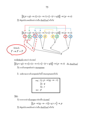 75
[ ][( ) ] ( ) [ ( )] ( )p q s s r r q p s∨ → ∧ → ∧ ∨ → →∼
2) พิสูจนประพจนดังกลาววาเปน สัจจนิรันดร หรือไม
[ ][( ) ] ( ) [ ( )] ( )p q s s r r q p s∨ → ∧ → ∧ ∨ → →∼
T F F F F F F T F
T F
T T T F
F
พบขอขัดแยง แสดงวา ประพจน
[ ][( ) ] ( ) [ ( )] ( )p q s s r r q p s∨ → ∧ → ∧ ∨ → →∼ เปน สัจจนิรันดร
3) การอางเหตุผลดังกลาว สมเหตุสมผล
3. จงพิจารณาการอางเหตุผลตอไปนี้วาสมเหตุสมผลหรือไม
เหตุ : 1) ( )p q r→ →∼
2) q
3) r
ผล : p
วิธีทํา
1) จากการกลาวอางเหตุผล แปลงเปน ประพจน
[ ][ ( )]p q r q r p→ → ∧ ∧ →∼
2) พิสูจนประพจนดังกลาววาเปน สัจจนิรันดร หรือไม
ขอขัดแยง
T F T→ =
 