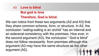 A3 Love is blind
But god is love
Therefore, God is blind.
We can notice from these two arguments (A2 and A3) that
they sha...