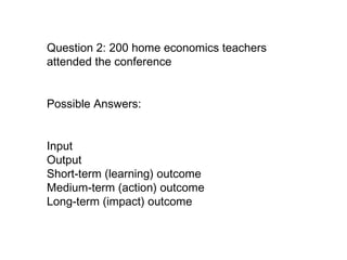 Question 2: 200 home economics teachers attended the conference Possible Answers:  Input  Output Short-term (learning) outcome  Medium-term (action) outcome  Long-term (impact) outcome   