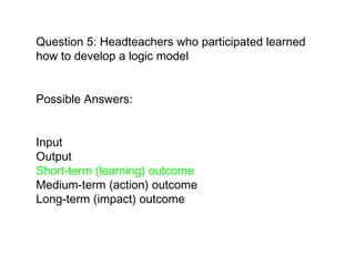Question 5: Headteachers who participated learned how to develop a logic model Possible Answers:  Input  Output Short-term (learning) outcome   Medium-term (action) outcome  Long-term (impact) outcome   