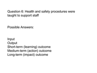 Question 6: Health and safety procedures were taught to support staff Possible Answers:  Input  Output Short-term (learning) outcome  Medium-term (action) outcome  Long-term (impact) outcome   
