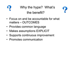 Why the hype?  What’s  the benefit?   Focus on and be accountable for what matters – OUTCOMES Provides common language Makes assumptions EXPLICIT Supports continuous improvement  Promotes communication 