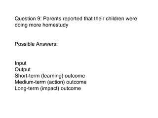 Question 9: Parents reported that their children were doing more homestudy  Possible Answers:  Input  Output Short-term (learning) outcome  Medium-term (action) outcome  Long-term (impact) outcome   