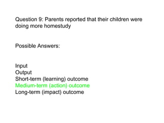 Question 9: Parents reported that their children were doing more homestudy  Possible Answers:  Input  Output Short-term (learning) outcome  Medium-term (action) outcome   Long-term (impact) outcome   