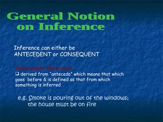 General Notion  on Inference Inference can either be ANTECEDENT or CONSEQUENT  Antecedent Inference   derived from “antecedo” which means that which goes  before & is defined as that from which something is inferred e.g. Smoke is pouring out of the windows;  the house must be on fire . 