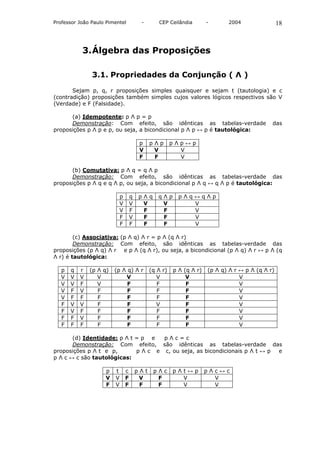 Professor João Paulo Pimentel             -       CEP Ceilândia        -      2004                 18



           3. Álgebra das Proposições

               3.1. Propriedades da Conjunção ( Λ )

       Sejam p, q, r proposições simples quaisquer e sejam t (tautologia) e c
(contradição) proposições também simples cujos valores lógicos respectivos são V
(Verdade) e F (Falsidade).

      (a) Idempotente: p Λ p = p
      Demonstração: Com efeito, são idênticas as tabelas-verdade                               das
proposições p Λ p e p, ou seja, a bicondicional p Λ p ↔ p é tautológica:

                                          p    pΛp       pΛp↔p
                                          V     V          V
                                          F     F          V

      (b) Comutativa: p Λ q = q Λ p
      Demonstração: Com efeito, são idênticas as tabelas-verdade das
proposições p Λ q e q Λ p, ou seja, a bicondicional p Λ q ↔ q Λ p é tautológica:

                             p       q   pΛq      qΛp      pΛq↔qΛp
                             V       V    V        V          V
                             V       F    F        F          V
                             F       V    F        F          V
                             F       F    F        F          V

        (c) Associativa: (p Λ q) Λ r = p Λ (q Λ r)
        Demonstração: Com efeito, são idênticas as tabelas-verdade das
proposições (p Λ q) Λ r e p Λ (q Λ r), ou seja, a bicondicional (p Λ q) Λ r ↔ p Λ (q
Λ r) é tautológica:

   p   q   r   (p Λ q)   (p Λ q) Λ r           (q Λ r)   p Λ (q Λ r)   (p Λ q) Λ r ↔ p Λ (q Λ r)
   V   V   V      V          V                    V           V                    V
   V   V   F      V           F                   F           F                    V
   V   F   V      F           F                   F           F                    V
   V   F   F      F           F                   F           F                    V
   F   V   V      F           F                   V           F                    V
   F   V   F      F           F                   F           F                    V
   F   F   V      F           F                   F           F                    V
   F   F   F      F           F                   F           F                    V

       (d) Identidade: p Λ t = p e   pΛc=c
       Demonstração: Com efeito, são idênticas as tabelas-verdade das
proposições p Λ t e p,       p Λ c e c, ou seja, as bicondicionais p Λ t ↔ p e
p Λ c ↔ c são tautológicas:

                    p    t       c       pΛt    pΛc      pΛt↔p         pΛc↔c
                    V    V       F        V      F         V             V
                    F    V       F        F      F         V             V
 