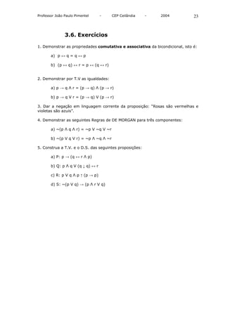 Professor João Paulo Pimentel      -    CEP Ceilândia    -   2004             23



               3.6. Exercícios

1. Demonstrar as propriedades comutativa e associativa da bicondicional, isto é:

       a) p ↔ q = q ↔ p

       b) (p ↔ q) ↔ r = p ↔ (q ↔ r)


2. Demonstrar por T.V as igualdades:

       a) p → q Λ r = (p → q) Λ (p → r)

       b) p → q V r = (p → q) V (p → r)

3. Dar a negação em linguagem corrente da proposição: “Rosas são vermelhas e
violetas são azuis”.

4. Demonstrar as seguintes Regras de DE MORGAN para três componentes:

       a) ~(p Λ q Λ r) = ~p V ~q V ~r

       b) ~(p V q V r) = ~p Λ ~q Λ ~r

5. Construa a T.V. e o D.S. das seguintes proposições:

       a) P: p → (q ↔ r Λ p)

       b) Q: p Λ q V (q ↓ q) ↔ r

       c) R: p V q Λ p ↑ (p → p)

       d) S: ~(p V q) → (p Λ r V q)
 