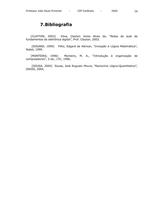 Professor João Paulo Pimentel    -      CEP Ceilândia    -        2004              34



           7. Bibliografia

   [CLAYTON, 2003]       Silva, Clayton Jones Alves da, “Notas de aula de
fundamentos de eletrônica digital”, Prof. Clayton, 2003.

   [EDGARD, 1999]         Filho, Edgard de Alencar, “Iniciação à Lógica Matemática”,
Nobel, 1999.

   [MONTEIRO, 1996]         Monteiro,    M.   A.,   “Introdução   à   organização   de
computadores”, 3 ed., LTC, 1996.

   [SOUSA, 2004] Sousa, José Augusto Moura, “Raciocínio Lógico-Quantitativo”,
OIKOS, 2004.
 