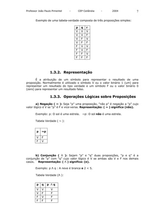 Professor João Paulo Pimentel   -       CEP Ceilândia   -       2004         7

       Exemplo de uma tabela-verdade composta de três proposições simples:

                                    p     q   r
                                    V     V   V
                                    V     V   F
                                    V     F   V
                                    V     F   F
                                    F     V   V
                                    F     V   F
                                    F     F   V
                                    F     F   F




                   1.3.2. Representação

       É a atribuição de um símbolo para representar o resultado de uma
proposição. Normalmente é utilizado o símbolo V ou o valor binário 1 (um) para
representar um resultado do tipo verdade e um símbolo F ou o valor binário 0
(zero) para representar um resultado falso.

                   1.3.3. Operações Lógicas sobre Proposições

        a) Negação ( ~ ): Seja “p” uma proposição, “não p” é negação a “p” cujo
valor lógico é V se “p” é F e vice-versa. Representação: ( ~ ) significa (não).

       Exemplo: p: O sol é uma estrela.    ~p: O sol não é uma estrela.

       Tabela Verdade ( ~ ):



        p   ~p

        V   F
        F   V




      b) Conjunção ( Λ ): Sejam “p” e “q” duas proposições, “p e q” é a
conjunção de “p” com “q” cujo valor lógico é V se ambas são V e F nos demais
casos. Representação: ( Λ ) significa: (e).

       Exemplo: p Λ q : A neve é branca e 2 < 5.

       Tabela Verdade (Λ ):


        p   q    p Λq
        V   V       V
        V   F       F
        F   V       F
        F   F       F
 
