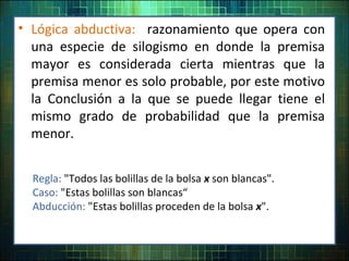 • Lógica abductiva: razonamiento que opera con
una especie de silogismo en donde la premisa
mayor es considerada cierta mientras que la
premisa menor es solo probable, por este motivo
la Conclusión a la que se puede llegar tiene el
mismo grado de probabilidad que la premisa
menor.
Regla: "Todos las bolillas de la bolsa x son blancas".
Caso: "Estas bolillas son blancas“
Abducción: "Estas bolillas proceden de la bolsa x".
 