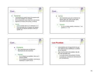 Lógica Matemática                                          Lógica Matemática

Cont...                                                    Cont...

    Teoremas                                                         Lemas
      Los teoremas se pueden derivar de proposiciones
      que se han probado, son correctas.
                                                                       Son teoremas que por si mismos no
      Es una proposición cuya verdad se ha demostrado.                 tienen gran uso, pero sirven para
      Algunos se conocen como lemas y corolarios.                      demostrar otros teoremas.

      Ejemplo:                                                         Ejemplo:
         x es un número real, si x>1 entonces x+1>1
                                                                          Si x es un entero positivo, entonces x -1 es
         Si los tres lados de un triangulo son iguales,                   positivo o x -1 =0
         entonces los ángulos opuestos a ellos son
         iguales. (a)




                               Lógica Matemática                                          Lógica Matemática

Cont...                                                    Las Pruebas

          Corolarios                                                 Las pruebas son el argumento de que
                                                                     nos valemos para establecer la validez
            Son teoremas que se deducen
                                                                     de un teorema
            fácilmente de otro teorema.
                                                                     Hay muchos tipos de pruebas, dos de
                                                                     las más sencillas son:
            Ejemplo:
                                                                       La prueba directa (Demostración Directa)
              Si un triángulo es equilátero, tiene sus 3
                                                                       La prueba por contradicción (Demostración
              ángulos iguales
                                                                       por Contradicción)
              Si un triangulo es equilátero, entonces es
              equiángulo. (a partir de (a))




                                                                                                                         14
 