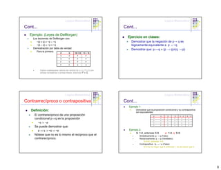 Lógica Matemática                                                   Lógica Matemática

Cont...                                                               Cont...
  Ejemplo: (Leyes de DeMorgan)
    Los teoremas de DeMorgan son:
                                                                        Ejercicio en clases:
      ~(p v q) ≡ ~p ∧ ~q                                                  Demostrar que la negación de p→ q es
      ~(p ∧ q) ≡ ~p v ~q                                                  lógicamente equivalente a p ∧ ~q
    Demostración por tabla de verdad.                                     Demostrar que: p ↔q ≡ (p → q)∧(q → p)
      Para la primera:          p       q     ~(p v q) ~p ∧ ~q
                                V       V        F        F
                                V       F        F        F
                                F       V        F        F
                                F       F        V        V

           Dados cualesquiera valores de verdad de p y q, P y Q son
           ambas verdaderas o ambas falses, entonces P ≡ Q




                                     Lógica Matemática                                                   Lógica Matemática

Contrarrecíproco o contrapositiva                                     Cont...
                                                                        Ejemplo 1:
   Definición:                                                               Demostrar que la proposición condicional y su contrapositiva
                                                                             son equivalentes:
     El contrareciproco de una proposición                                                    p      q      ~p     ~q      p→q   ~q → ~p

     condicional p⇒q es la proposición                                                        V      V      F      F        V      V
                                                                                              V      F      F      V        F      F
          ~q ⇒ ~p                                                                             F      V      V      F        V      V
                                                                                              F      F      V      V        V      V
     Se puede demostrar que:
          p ⇒ q ≡ ~q ⇒ ~p                                               Ejemplo 2:
                                                                             Si 1<4, entonces 5>8         p: 1<4, q: 5>8
     Nótese que no es lo mismo el recíproco que el                              Simbólicamente: p → q (Falso)
     contrarecíproco.                                                           Reciprocamente: q → p (Verdadero)
                                                                                    Si 5>8, entonces 1<4
                                                                                Contrapositiva: ~q → ~ p (Falso)
                                                                                    Si 5 no es mayor que 8, entonces 1 no es menor que 4




                                                                                                                                            8
 