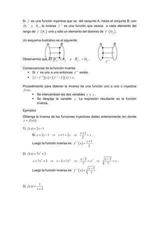 Si f es una función inyectiva que va del conjunto A, hacia el conjunto B, con
Df     y R f , la inversa f −1 es una función que asocia a cada elemento del
rango de f      ( R ) uno y sólo un elemento del dominio de
                      f                                                 f     (D ) .
                                                                                   f



Un esquema ilustrativo es el siguiente:
               A          B                                     A                      B



Observemos que: El D f −1 = R f              y R f −1 = D f .
                   f                                                        f −1

Consecuencias de la función inversa:
     Si f es uno a uno entonces f −1 existe.
        ( f o f )( x) = ( f
                −1            −1
                                   o f )( x) = x .

Procedimiento para obtener la inversa de una función uno a uno o inyectiva
f ( x) .
         Se intercambian las dos variables x y y .
         Se despeja la variable y . La expresión resultante es la función
         inversa.

Ejemplos
Obtenga la inversa de las funciones inyectivas dadas anteriormente (en donde
y = f ( x) ).

1) f ( x) = 2 x − 1
                                            x +1
        Si x = 2 y − 1 ⇒           x +1 = 2y ⇒    = y.
                                               2
                                                  x +1
        Luego la función inversa es: f −1 ( x ) =      .
                                                    2

2) f ( x) = 7 x3 + 2
                                            x−2                         x−2
        x = 7 y3 + 2 ⇒ x − 2 = 7 y3             ⇒   = y3 ⇒          3       = y.
                                               7                         7
                                                     x−3
        Luego la función inversa es: f −1 ( x ) = 3      .
                                                      7


               1
3) f ( x) =
              x+3
 