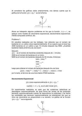 Al considerar las gráficas vistas anteriormente, nos damos cuenta que la
gráfica de la función Q(t ) = Q0 e kt es de la forma:

                                           Q(t )

                                          Q(t )
                                          Q0
                                                          t

Ahora se trabajarán algunos problemas en los que la función f ( x) = e x , se
aplique como modelo de crecimiento exponencial, decrecimiento exponencial,
interés compuesto continuo, etc.

Problema 1.
En estudios realizados por los biólogos, han obtenido que el número de
bacterias en un cultivo crece exponencialmente. Si se supone que al inicio hay
3000 bacterias en un cultivo y que 13 minutos después hay 9000. ¿Cuántas
bacterias habrá al término de una hora?.
Solución:
 Q(t ) es el número de bacterias existentes después de t minutos.
3000 es el número de bacterias en un inicio.
9000 es el número de bacterias después de 30 minutos. Entonces:
                                9000 = 3000e 30 k
                                9000
                                       = e 30 k
                                3000
                                3 = e 30 k
luego para obtener el número de bacterias después de una hora
            Q(60) = 3000e 60 k = 3000(e 30 k ) = 3000(3) 2 = 3000(9) = 27000
                                           2


por lo tanto, al término de una hora habrá 27000 bacterias.


Decrecimiento Exponencial

                     Q(t ) crece exponencialmente si Q(t ) = Q0 e − kt

                      cuando k > 0 y Q 0 es el valor inicial Q(0) .

En experimentos realizados se sabe que las sustancias radiactivas se
desintegran exponencialmente, de igual forma las ventas de los productos
decrecen exponencialmente cuando se descontinúa la publicidad y de hecho
las cantidades que decrecen exponencialmente se caracterizan por que su
ritmo de crecimiento es proporcional a su tamaño. La gráfica de la función
 Q(t ) = Q0 e − kt es la siguiente:
                                     Q(t )



                                                  Q0

                                                               t
 