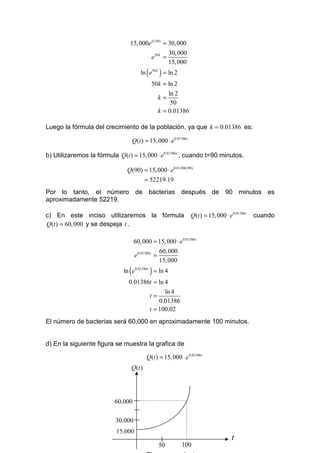15, 000e k (50) = 30,000
                                                   30, 000
                                         e50 k =
                                                   15, 000
                                       ln ( e50 k ) = ln 2
                                             50k = ln 2
                                                   ln 2
                                               k=
                                                    50
                                               k = 0.01386

Luego la fórmula del crecimiento de la población, ya que k = 0.01386 es:

                                  Q(t ) = 15, 000 ⋅ e0.01386t

b) Utilizaremos la fórmula Q(t ) = 15, 000 ⋅ e0.01386t , cuando t=90 minutos.

                               Q(90) = 15, 000 ⋅ e0.01386(90)
                                          = 52219.19
Por lo tanto, el número de bacterias después de 90 minutos es
aproximadamente 52219.

c) En este inciso utilizaremos la fórmula                       Q(t ) = 15, 000 ⋅ e0.01386t   cuando
Q(t ) = 60, 000 y se despeja t .

                                    60, 000 = 15, 000 ⋅ e0.01386t
                                                   60, 000
                                    e0.01386 t =
                                                   15, 000
                              ln ( e0.01386 t ) = ln 4
                                0.01386t = ln 4
                                                  ln 4
                                            t=
                                                0.01386
                                            t = 100.02
El número de bacterias será 60,000 en aproximadamente 100 minutos.


d) En la siguiente figura se muestra la grafica de

                                          Q(t ) = 15, 000 ⋅ e0.01386t
                                  Q(t )




                          60,000

                           30,000
                           15,000
                                                                                   t
                                                   50        100
 