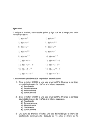 Ejercicios

I. Indique el dominio, construya la grafica y diga cual es el rango para cada
función que se da.

      1) f ( x) = e 2 x                2) f ( x) = e x −3

      3) f ( x) = e x +3               4) f ( x) = e2 x + 5

      5) f ( x) = e − x                6) f ( x) = e1− x
                                                         2
      7) f ( x) = e 2−3 x              8) f ( x) = e x
                        2 −1                                 2 −4
      9) f ( x) = e x                  10) f ( x) = e x

      11) f ( x) = e x + 1             12) f ( x) = e x −3 + 2

      13) f ( x) = e x +3 − 3          14) f ( x) = 2 − e2 x +5

      15) f ( x) = 1 − e − x           16) f ( x) = e1− x + 5
                                                             2
      17) f ( x) = 2 − e2 −3 x         18) f ( x) = e x + 4

II. Resuelva los problemas que se plantean a continuación:
   1) Si se invierten $10,000 a una tasa anual del 8%. Obtenga la cantidad
      acumulada después de 15 años, si el interés es pagado.
         a) Anualmente
         b) Trimestralmente
         c) Mensualmente
         d) continuamente

   2) Si se invierten $15,000 a una tasa anual del 9%. Obtenga la cantidad
      acumulada después de 15 años, si el interés es pagado.
         a) Anualmente
         b) Trimestralmente
         c) Mensualmente
         d) Diariamente
         e) continuamente

   3) Una suma de dinero se invierte a una tasa de interés fijo y el interés es
      capitalizado continuamente. Después de 15 años el dinero se ha
 