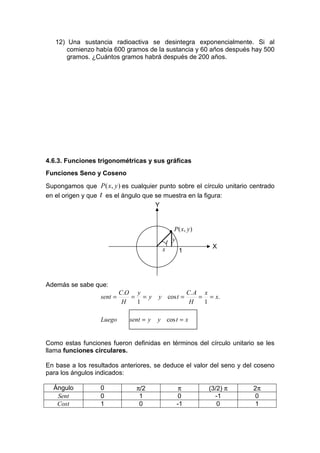 12) Una sustancia radioactiva se desintegra exponencialmente. Si al
       comienzo había 600 gramos de la sustancia y 60 años después hay 500
       gramos. ¿Cuántos gramos habrá después de 200 años.




4.6.3. Funciones trigonométricas y sus gráficas
Funciones Seno y Coseno

Supongamos que P ( x, y ) es cualquier punto sobre el círculo unitario centrado
en el origen y que t es el ángulo que se muestra en la figura:
                                      Y



                                              • P ( x, y )
                                             t y
                                         x                    X
                                                   1




Además se sabe que:
                           C.O y                       C. A x
                  sent =      = =y      y cos t =          = = x.
                            H  1                        H   1

                  Luego      sent = y   y cos t = x


Como estas funciones fueron definidas en términos del círculo unitario se les
llama funciones circulares.

En base a los resultados anteriores, se deduce el valor del seno y del coseno
para los ángulos indicados:

  Ángulo          0            π/2                 π         (3/2) π   2π
   Sent           0             1                 0            -1      0
   Cost           1             0                 -1            0      1
 