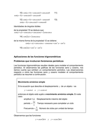 10) sen(a + b) = sena cos b + cos asenb          11)
sen(a − b) = sena cos b − cos asenb

       12) cos(a + b) = cos a cos b − senasenb          13)
       cos(a − b) = cos a cos b + senasenb

Identidades de ángulos dobles
de la propiedad 10 se deduce que:
sen(a + a ) = sena cos a + cos asena = 2 sena cos a

       14) sen(2a ) = 2sena cos a

de la misma forma de la propiedad 12 se obtiene:
             cos(a + a) = cos a cos a − senasena = cos 2 a − sen 2 a

       15) cos(2a) = cos 2 a − sen 2 a



Aplicaciones de las funciones trigonométricas

Problemas que involucran fenómenos periódicos

Las funciones trigonométricas resultan ideales para modelar el comportamiento
periódico. Si observamos las gráficas de las funciones seno y coseno, nos
damos cuenta que exhiben un comportamiento periódico. Las observaciones
respecto a cómo las funciones seno y coseno modelan el comportamiento
periódico se resumen a continuación.


     Movimiento armónico simple

     Si la ecuación que describe el desplazamiento y de un objeto t es
              y = asenwt o       y = a cos wt

     entonces el objeto está sujeto a movimiento armónico simple. En este
     caso:
           amplitud = a Desplazamiento máximo del objeto
                         2π
             periodo =          Tiempo necesario para completar un ciclo
                          w
                               w
             Frecuencia =        Número de ciclos por unidad de tiempo
                              2π

Observemos que las funciones
                              y = asen 2π vt    y   y = a cos 2π vt
 