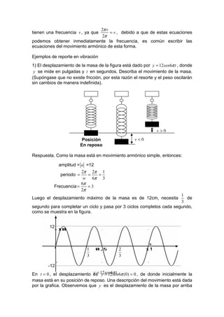 2π v
tienen una frecuencia v , ya que     = v , debido a que de estas ecuaciones
                                 2π
podemos obtener inmediatamente la frecuencia, es común escribir las
ecuaciones del movimiento armónico de esta forma.

Ejemplos de reporte en vibración
1) El desplazamiento de la masa de la figura está dado por y = 12sen6π t , donde
 y se mide en pulgadas y t en segundos. Describa el movimiento de la masa.
(Supóngase que no existe fricción, por esta razón el resorte y el peso oscilarán
sin cambios de manera indefinida).




                                                              y>0
                           Posición                y<0
                          En reposo

Respuesta. Como la masa está en movimiento armónico simple, entonces:

              amplitud = a =12
                        2π 2π 1
              periodo =    =  =
                         w 6π 3
                        6π
           Frecuencia =    =3
                        2π
                                                                      1
Luego el desplazamiento máximo de la masa es de 12cm, necesita          de
                                                                      3
segundo para completar un ciclo y pasa por 3 ciclos completos cada segundo,
como se muestra en la figura.


        12



                            1              2              1
                            3              3

        -12
                              y = y = 12 π t
En t = 0 , el desplazamiento es 12sen6sen6π (0) = 0 , de donde inicialmente la
masa está en su posición de reposo. Una descripción del movimiento está dada
por la grafica. Observemos que y es el desplazamiento de la masa por arriba
 