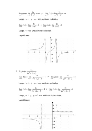 2x                                                    2x
    lim f ( x) = lim            = +∞          y      lim f ( x) = lim                 = −∞
    x →1−        x →1−   1 − x2                      x →1+             x →1+   1 − x2

   Luego x = −1 y                 x = 1 son asíntotas verticales.

                               2x                                         2x
    lim f ( x) = lim                =0     y lim f ( x) = lim                  =0
    x →−∞        x →−∞       1 − x2               x →∞          x →∞    1 − x2

   Luego y = 0 es una asíntota horizontal.

   La gráfica es:




                         2x
3. Si f ( x) =               .
                 x2 + 2x − 3
                            2x                                                                    2x
     lim f ( x) = lim                = −∞ y                    lim f ( x) = lim                            =∞
         −             −                                       x →1+             x →1+
    x →−3         x →−3  x2 + 2x − 3                                                         x2 + 2x − 3

   Luego x = −3              y    x = 1 son asíntotas verticales.

                                      2x                                                     2x
    lim f ( x) = lim                          = −2 y         lim f ( x) = lim                          =2
    x →−∞        x →−∞                                       x →∞              x →∞
                                 x + 2x − 3
                                  2
                                                                                      x + 2x − 3
                                                                                         2



   Luego y = 2           y       y = −2 son asíntotas horizontales.

   La gráfica es:
 