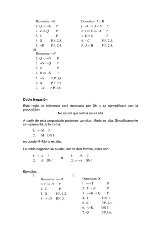 Demostrar: ¬K                      Demostrar: A ∨ B
        1. Q ⇒ ¬K       P                  1. ¬C ⇒ A ∨ B      P
        2. Z ⇒ Q        P                  2. D ∨ E ⇒ ¬C      P
        3. Z            P                  3. D ∨ E           P
        4. Q        P.P. 2,3.              4. ¬C           P.P. 2,3.
         5. ¬K      P.P. 2,4.              5. A ∨ B        P.P. 2,4.
      III.
         Demostrar: ¬N
        1. Q ⇒ ¬N        P
        2. ¬S ⇒ Q        P
        3. R             P
        4. R ⇒ ¬S      P
        5. ¬S     P.P. 3,4.
        6. Q        P.P. 2,5.
        7. ¬N       P.P. 1,6.


Doble Negación
Esta regla de inferencia será denotada por DN y se ejemplificará con la
proposición
                       No ocurre que María no es alta

A partir de esta proposición podemos concluir: María es alta. Simbólicamente
se representa de la forma:
      1. ¬¬M P
      2.   M DN 1
en donde M=María es alta.

La doble negación se puede usar de dos formas, estas son:
      1. ¬¬A P                       1.    A P
                                 o
      2.   A DN 1                    2. ¬ ¬A DN 1


Ejemplos.
      I.                             II.
            Demostrar: ¬¬D                 Demostrar: Q
            1. C ⇒ D    P                  1. ¬¬ T             P
            2. C             P             2. T ⇒ K            P
            3. D        P.P. 1,2.          3. ¬¬K ⇒ Q          P
            4. ¬¬D      DN. 3.             4. T           DN. 1.
                                           5. K           P.P. 2,4.
                                           6. ¬¬K         DN 5.
                                           7. Q            P.P.3,6.
 