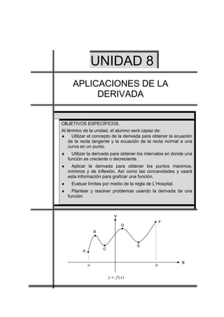 UNIDAD 8
      APLICACIONES DE LA
           DERIVADA


OBJETIVOS ESPECÍFICOS.
Al término de la unidad, el alumno será capaz de:
♦ Utilizar el concepto de la derivada para obtener la ecuación
    de la recta tangente y la ecuación de la recta normal a una
    curva en un punto.
♦     Utilizar la derivada para obtener los intervalos en donde una
    función es creciente o decreciente.
♦     Aplicar la derivada para obtener los puntos máximos,
    mínimos y de inflexión. Así como las concavidades y usará
    esta información para graficar una función.
♦    Evaluar límites por medio de la regla de L’Hospital.
♦     Plantear y resolver problemas usando la derivada de una
    función.



                              Y
                                               • F
                                   D
                                   •
                   B
                   •
                                        •
                       •                E
                       C
           A   •

               a                                             X
                                                b

                           y = f ( x)
 
