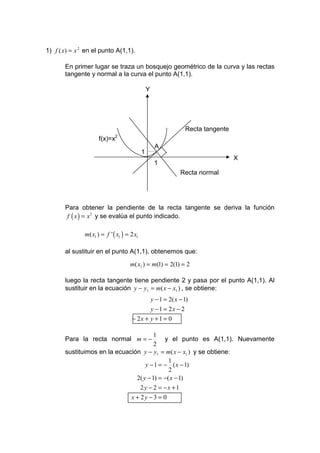 1) f ( x) = x 2 en el punto A(1,1).

       En primer lugar se traza un bosquejo geométrico de la curva y las rectas
       tangente y normal a la curva el punto A(1,1).

                                                 Y




                                                                    Recta tangente
                              2
                      f(x)=x
                                                      A
                                             1
                                                                                     X
                                                      1
                                                                  Recta normal




       Para obtener la pendiente de la recta tangente se deriva la función
        f ( x ) = x 2 y se evalúa el punto indicado.

               m( x1 ) = f ' ( x1 ) = 2 x1

       al sustituir en el punto A(1,1), obtenemos que:
                                     m( x1 ) = m(1) = 2(1) = 2

       luego la recta tangente tiene pendiente 2 y pasa por el punto A(1,1). Al
       sustituir en la ecuación y − y1 = m( x − x1 ) , se obtiene:
                                                     y − 1 = 2( x − 1)
                                              y −1 = 2x − 2
                                       − 2x + y + 1 = 0

                                        1
       Para la recta normal m = −           y el punto es A(1,1). Nuevamente
                                        2
       sustituimos en la ecuación y − y1 = m( x − x1 ) y se obtiene:
                                              1
                                    y − 1 = − ( x − 1)
                                              2
                                2( y − 1) = −( x − 1)
                                          2 y − 2 = −x + 1
                                      x + 2y − 3 = 0
 