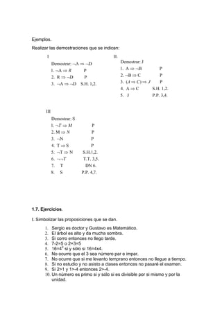 Ejemplos.
Realizar las demostraciones que se indican:
       I                                 II.
             Demostrar: ¬A ⇒ ¬D                Demostrar: J
             1. ¬A ⇒ R       P                 1. A ⇒ ¬B             P
             2. R ⇒ ¬D       P                 2. ¬B ⇒ C             P
             3. ¬A ⇒ ¬D S.H. 1,2.              3. (A ⇒ C ) ⇒ J       P
                                               4. A ⇒ C          S.H. 1,2.
                                               5. J              P.P. 3,4.


       III
             Demostrar: S
             1. ¬T ⇒ M            P
             2. M ⇒ N            P
             3. ¬N               P
             4. T ⇒ S           P
             5. ¬T ⇒ N      S.H.1,2.
             6. ¬¬T         T.T. 3,5.
             7.   T           DN 6.
             8.   S         P.P. 4,7.




1.7. Ejercicios.

I. Simbolizar las proposiciones que se dan.
      1. Sergio es doctor y Gustavo es Matemático.
      2. El árbol es alto y da mucha sombra.
      3. Si corro entonces no llego tarde.
      4. 7-2=5 o 2+3=5
      5. 16=42 si y sólo si 16=4x4.
      6. No ocurre que el 3 sea número par e impar.
      7. No ocurre que si me levanto temprano entonces no llegue a tiempo.
      8. Si no estudio y no asisto a clases entonces no pasaré el examen.
      9. Si 2>1 y 1>-4 entonces 2>-4.
      10. Un número es primo si y sólo si es divisible por si mismo y por la
          unidad.
 