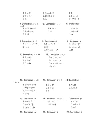 1. R ⇒ T                1. A ⇒ B ∧ D                    1. T
          2. S ⇒ R                2. B ∧ D ⇒ C                    2. T ⇒ ¬Q
           3. S                   3. A                            3. ¬Q ⇒ ¬S

       4. Demostrar: M ∧ N        5. Demostrar: ¬¬A            6. Demostrar:
       ¬¬K
           1. ¬J ⇒ M ∨ N                 1. B ⇒ A                 1. A ⇒ ¬B
           2. F ∨ J ⇒ ¬J                 2. B                     2. ¬B ⇒ K
           3. F ∨ J                                               3. A


       7. Demostrar: A ∨ B       8. Demostrar: A                9. Demostrar: B
           1. C ⇒ ¬¬ ( A ∨ B )     1. B ⇒ C ∧ D                    1. ¬B ⇒ ¬C
           2. ¬¬C                   2. B                           2. ¬C ⇒ ¬D
                                   3. C ∧ D ⇒ ¬¬A                 3. D

       10. Demostrar: A ⇒ D          11. Demostrar: x = y
           1. A ⇒ B                     1. x=y ⇒ y = z
           2. B ⇒ C                      2. y=z ⇒ y =w
           3. C ⇒ D                         3. y = w ⇒ y = 1
                                            4. y = 1




       12. Demostrar: x = 0       13. Demostrar: D ∧ E         14. Demostrar:
A∧ B
          1. x ≠ 0 ⇒ y = 1           1. B ⇒ D                     1. A ∧ D
           2. x=y ⇒ y =w             2. B ⇒ E                     2. A ⇒ B
           3. y = w ⇒ y ≠ 1          3. B
           4. y = y

       15. Demostrar: B           16. Demostrar: M ∧ N         17. Demostrar: Q
          1. ¬A ⇒ B                   1. M ∧ ¬Q                     1. ¬T ∨ Q
           2. ¬ ( C ∧ D )             2. ¬N ⇒ Q                     2. ¬T ⇒ F
           3. A ⇒ C ∧ D                                             3. ¬F

       18. Demostrar: N           19. Demostrar: P              20. Demostrar: K
 