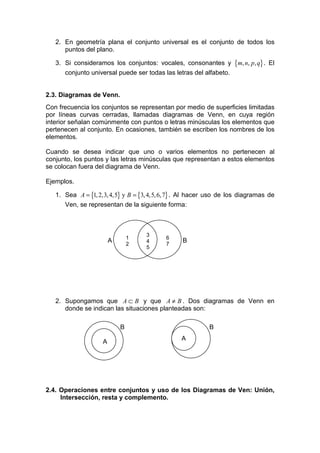 2. En geometría plana el conjunto universal es el conjunto de todos los
      puntos del plano.

   3. Si consideramos los conjuntos: vocales, consonantes y         {m, n, p, q} .   El
      conjunto universal puede ser todas las letras del alfabeto.


2.3. Diagramas de Venn.
Con frecuencia los conjuntos se representan por medio de superficies limitadas
por líneas curvas cerradas, llamadas diagramas de Venn, en cuya región
interior señalan comúnmente con puntos o letras minúsculas los elementos que
pertenecen al conjunto. En ocasiones, también se escriben los nombres de los
elementos.

Cuando se desea indicar que uno o varios elementos no pertenecen al
conjunto, los puntos y las letras minúsculas que representan a estos elementos
se colocan fuera del diagrama de Venn.

Ejemplos.

   1. Sea A = {1, 2,3, 4,5} y B = {3, 4,5, 6, 7} . Al hacer uso de los diagramas de
      Ven, se representan de la siguiente forma:



                                    3
                                1          6
                        A       2
                                    4
                                           7
                                                 B
                                    5




   2. Supongamos que A ⊂ B y que A ≠ B . Dos diagramas de Venn en
      donde se indican las situaciones planteadas son:

                            B                              B
                                                 A
                    A




2.4. Operaciones entre conjuntos y uso de los Diagramas de Ven: Unión,
     Intersección, resta y complemento.
 