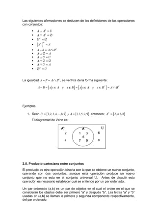 Las siguientes afirmaciones se deducen de las definiciones de las operaciones
con conjuntos:

            A ∪ Ac = U
            A ∩ Ac = ∅
            Uc = ∅
            ( Ac )
                     c
                         =A
            A − B = A ∩ Bc
            A∪∅ = A
            A ∪U = U
            A∩∅ = ∅
            A ∩U = A
            ∅c = U


La igualdad A − B = A ∩ B c , se verifica de la forma siguiente:

            A − B = {x x ∈ A   y                {
                                        x ∉ B} = x x ∈ A    y           }
                                                                x ∈ BC = A ∩ BC




Ejemplos.

   1. Sean U = {1, 2,3, 4,...,8,9} y A = {1,3,5, 7,9} entonces: AC = {2, 4, 6,8}
       El diagramad de Venn es:

                               Ac                   A               U
                                    2           1       3       6
                                                    5
                                    4           7       9       8




2.5. Producto cartesiano entre conjuntos
El producto es otra operación binaria con la que se obtiene un nuevo conjunto,
operando con dos conjuntos; aunque esta operación produce un nuevo
conjunto que no esta en el conjunto universal U. Antes de discutir esta
operación es necesario establecer qué se entiende por un par ordenado.

Un par ordenado (a,b) es un par de objetos en el cual el orden en el que se
consideran los objetos debe ser primero “a” y después “b”. Las letras “a” y “b”
usadas en (a,b) se llaman la primera y segunda componente respectivamente,
del par ordenado.
 