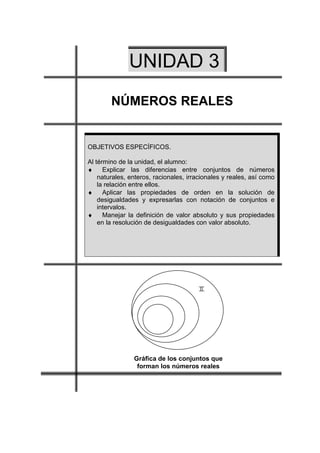 UNIDAD 3
        NÚMEROS REALES


OBJETIVOS ESPECÍFICOS.

Al término de la unidad, el alumno:
♦ Explicar las diferencias entre conjuntos de números
    naturales, enteros, racionales, irracionales y reales, así como
    la relación entre ellos.
♦ Aplicar las propiedades de orden en la solución de
    desigualdades y expresarlas con notación de conjuntos e
    intervalos.
♦ Manejar la definición de valor absoluto y sus propiedades
    en la resolución de desigualdades con valor absoluto.




                Gráfica de los conjuntos que
                 forman los números reales
 