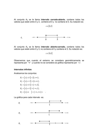 Al conjunto A3 se le llama intervalo cerrado-abierto, contiene todos los
valores que están entre 0 y 3, contiene el 0 y no contiene el 3. Su notación es:

                                                 x ∈[0,3)



                                             o                •
          A4               −∞ L                                    L+ ∞
                                             0                3


Al conjunto A4 se le llama intervalo abierto-cerrado, contiene todos los
valores que están entre 0 y 3, no contiene el 0 y contiene el 3. Su notación es:

                                                 x ∈ ( 0,3]


Observemos que cuando el extremo se considera geométricamente se
representa por “ • ” y cuando no se considera se gráfica representa por “o”.


Intervalos infinitos
Analicemos los conjuntos:

          B1 = { x x ≥ 1} = [1, +∞ ) .
          B2 = { x x > 1} = (1, +∞ ) .
          B3 = { x x ≤ 1} = ( −∞,1] .
          B4 = { x x < 1} = ( −∞,1) .
          B5 = { x x ∈    } = ( −∞, +∞ ) =   .

La gráfica para cada intervalo es:
                                                     •
     B1                  −∞ L                                     L+ ∞
                                                     1

                                                     o
     B2                  −∞ L                                     L+ ∞
                                                     1


                                                     •
     B3                  −∞ L                                     L+ ∞
                                                     1
 