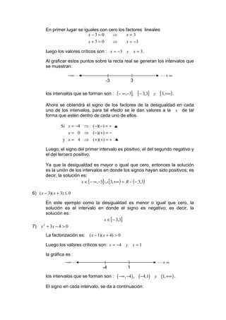 En primer lugar se iguales con cero los factores lineales
                             x−3= 0      ⇒      x=3
                             x+3= 0      ⇒      x = −3

        luego los valores críticos son : x = −3 y            x = 3.

        Al graficar estos puntos sobre la recta real se generan los intervalos que
        se muestran:

                     −∞ L                                                 L+ ∞
                                        -3               3

        los intervalos que se forman son :     ( − ∞,−3], [− 3,3]     y   [3,+∞) .
        Ahora se obtendrá el signo de los factores de la desigualdad en cada
        uno de los intervalos, para tal efecto se le dan valores a la x de tal
        forma que estén dentro de cada uno de ellos.

                 Si x = −4 ⇒ (−)(−) = + ♣
                    x = 0 ⇒ (−)(+ ) = −
                  y x = 4 ⇒ (+)(+ ) = + ♣

        Luego, el signo del primer intervalo es positivo, el del segundo negativo y
        el del tercero positivo.

        Ya que la desigualdad es mayor o igual que cero, entonces la solución
        es la unión de los intervalos en donde los signos hayan sido positivos; es
        decir, la solución es:
                           x ∈ ( − ∞,−3] ∪ [3,+∞) = R − ( − 3,3)

6) ( x − 3)( x + 3) ≤ 0

        En este ejemplo como la desigualdad es menor o igual que cero, la
        solución es el intervalo en donde el signo es negativo; es decir, la
        solución es:
                                   x ∈[ − 3,3]
7)   x + 3x − 4 > 0
      2



        La factorización es: ( x − 1)( x + 4) > 0

        Luego los valores críticos son: x = −4      y    x =1

        la gráfica es :
                   −∞ L                                                   L+ ∞
                                       -4            1
        los intervalos que se forman son :     ( −∞, −4 ) , ( −4,1)   y    (1, +∞ ) .
        El signo en cada intervalo, se da a continuación:
 