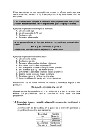 Estas expresiones no son proposiciones porque no afirman nada que sea
verdadero o falso, es decir, la 1 y 2 son preguntas, la 3 y 4 son frases y la 5 es
una orden.

 Las proposiciones simples o atómicas son proposiciones que ya no
 pueden descomponerse en dos expresiones que sean proposiciones.

Ejemplos de proposiciones simples o atómicas:
   1. La ballena es roja
   2. La raíz cuadrada de 16 es 4
   3. Gustavo es alto
   4. Teresa va a la escuela

 A las proposiciones en las que aparecen las partículas gramaticales
 como:
                  No, o, y, si…entonces, si y solo si.
 Se les llama Proposiciones Compuestas o Moleculares.


Ejemplos de proposiciones compuestas:
   1. La ballena no es roja
   2. Gustavo no es alto
   3. Teresa va a la escuela o María es inteligente
   4. 4 es menor que 8 o 6 es mayor que 10
   5. El 1 es el primer número primo y es mayor que cero
   6. El 7 es mayor que 5 y 7 es menor que 10
   7. Si Yolanda es estudiosa entonces pasará el examen
   8. Si corro rápido entonces llegaré temprano
   9. Terminaré rápido si y sólo si me doy prisa
   10. Aprenderé Matemáticas si y sólo si estudio mucho

Observación. Se les llama términos de enlace o conectivos lógicos a las
partículas:
                   No, o, y, si…entonces, si y solo si

observemos que los conectivos: o, y, si…entonces, si y solo si, se usan para
enlazar dos proposiciones, pero el conectivo no actúa sobre una sola
proposición.


1.2. Conectivos lógicos: negación, disyunción, conjunción, condicional y
     bicondicional.
     A continuación se da una tabla en la que se da la expresión gramatical y
     el nombre del conectivo que representa:

                              Conectivo      Nombre
                                   no        Negación
                                    o       Disyunción
                                    y       Conjunción
                             Si…entonces Condicional
                              Si y sólo si Bicondicional
 
